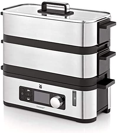WMF KITCHENminis Cuiseur Vapeur Electrique Ultracompact Design Elegant Inox Cromargan Haute Qualité 2,15L Sans BPA 2 Compartiments Cuisson Programmes Cuisson Légumes Riz Poisson 900W 0415090011 Fiche Technique et Prix au Maroc