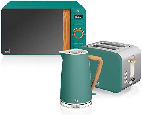 Swan Nordic Set petit-déjeuner bouilloire 1,7 L 2200 W, grille-pain à fente large 2 tranches, micro-ondes 20 L numérique, design moderne, effet bois, vert Fiche Technique et Prix au Maroc