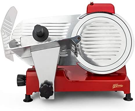 H.Koenig Trancheuse électrique à jambon, viande, saucisson, charcuterie MSX254, professionnelle, précise, épaisseur de la coupe 0-12 mm, lame italienne 25 cm, aiguiseur intégré, large plateau, 282 rpm Fiche Technique et Prix au Maroc