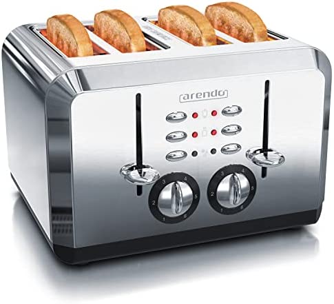 arendo - Grille-Pain 4 Fentes - 1630 W - Acier Inoxydable - jusqu'à Quatre tranches de Pain de mie - 6 Niveaux de brunissage - Fonction de réchauffage et de décongélation - Rétro Design Acier brossé Fiche Technique et Prix au Maroc