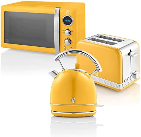 Swan Retro Ensemble Petit-Déjeuner, Bouilloire 1,8 L, Grille-Pain 2 Tranches à Fente Large, Micro-Ondes Numérique 20L, 6 Niveaux de Puissance, Minuteur, Porte Miroir, Design Vintage, Jaune Fiche Technique et Prix au Maroc