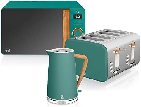 Swan Nordic Set petit-déjeuner bouilloire 1,7 L 2200 W, grille-pain large 4 tranches, micro-ondes 20 L numérique, design moderne, effet bois, vert mat Fiche Technique et Prix au Maroc
