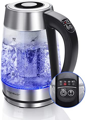 Aigostar Cris - Bouilloire en verre Température Réglable 2200W, 1.7L. Thermostat Réglable (60 à 100ºC) et fonction maintien au chaud, Filtre à thé amovible, éclairage LED de couleurs, Sans BPA. Fiche Technique et Prix au Maroc