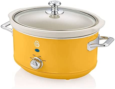 Swan Retro SF17021YELNEU Mijoteuse 3,5L Récipient Amovible, Antiadhésif en Céramique Libre PFOA et PTFE, 3 Niveaux de température, Couvercle Verre, Slow Cooker, Design Vintage, Jaune, 200 W Fiche Technique et Prix au Maroc
