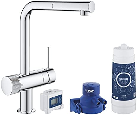 GROHE Robinet de cuisine avec système de filtration complet Blue Pure Minta, filtre charbon actif, goût premium, bec en forme de L, finition chromée, 30382000 (Import Allemagne) Fiche Technique et Prix au Maroc