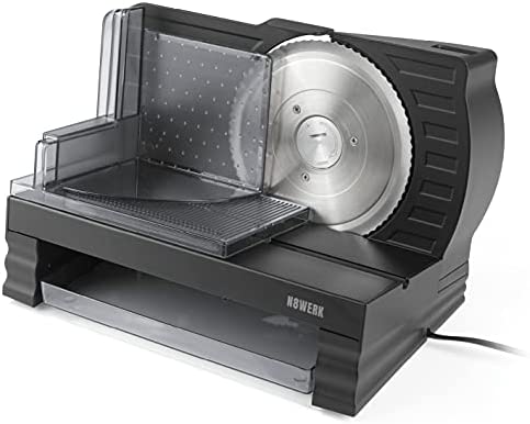 N8WERK Trancheuse universelle électrique | Trancheuse à jambon | Pour pain, jambon, fromage, viande | Poussoir amovible, avec bol récupérateur | Épaisseur de tranche réglable de 1 à 20mm | 150 W Fiche Technique et Prix au Maroc