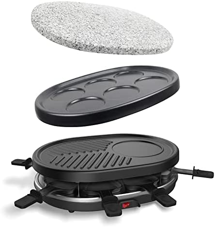 Leogreen - Appareil à Raclette 4 en 1 Multifonctions 8 personnes, Pierre à Griller, Plaque Grill, Plaques Crêpes, 8 poêlons, Compatibles Lave-Vaisselles, 900W Fiche Technique et Prix au Maroc