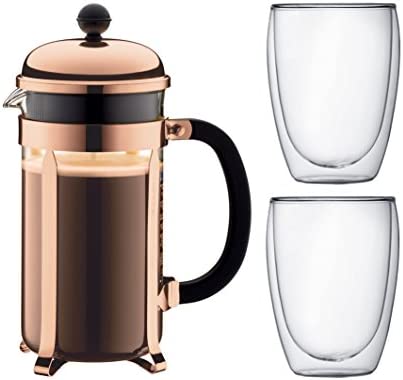 Bodum - K1928-18-1 - Chambord - Set de Cafetière à Piston Cuivre 1 L et Verres Pavina 2 Pièces 0,35 L Fiche Technique et Prix au Maroc