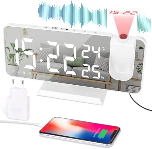 EVILTO Réveil à Projection 180° Plafond - Horloge Numérique Electrique Fonction Snooze, 12/24H, Volume Réglable Réveil Moderne Luxe pour Maison avec Plug EU-Blanc Fiche Technique et Prix au Maroc