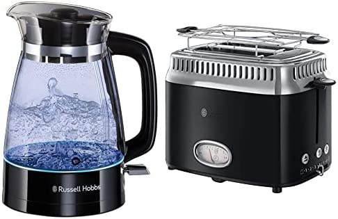 Russell Hobbs Bouilloire en Verre 1,7L, Ebulition Rapide, Eclairage Interne Bleu - 26080-70 Glass & Toaster Grille-Pain, 3 Fonctions, Température Ajustable, Réchauffe Viennoiserie, Design Vintage-Noir Fiche Technique et Prix au Maroc