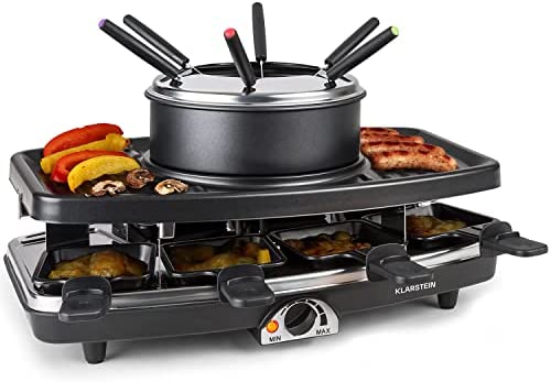 Klarstein Appareil a Raclette et Fondue 3-en-1, Machine a Raclette avec Pierrade de 1100W, Gril en Pierre, Appareil Raclette pour 8 Personnes, Poelon Raclette, Fourchettes à Fondue, Service Raclette Fiche Technique et Prix au Maroc