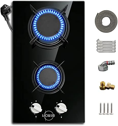 Plaque gaz 2 feux, Plaque de cuisson gaz 30cm, Table de cuisson gaz Encastrable, Plaque cuisson gaz convient pour le LPG et le NG, Avec prise, Bouton de commande, Facile à nettoyer, Verre Noir, Hobsir Fiche Technique et Prix au Maroc