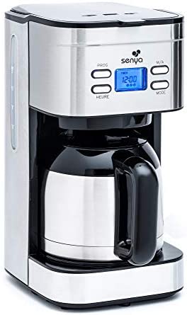 Senya cafetière électrique programmable Inox Hot Coffee, verseuse isotherme en acier inoxydable, fonction sélecteur d’arôme, maintien au chaud, 1,2L, 800W, SYBF-CM025 Fiche Technique et Prix au Maroc