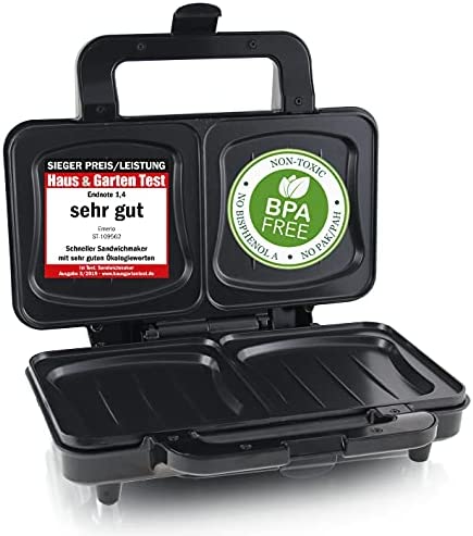 Emerio XXL Haus & Garten Test 03/2019 Appareil à croque-monsieur, pour toutes les tailles de sandwichs, sans BPA, grande forme de coquille, facile à nettoyer, le fromage ne coule pas, 900 W. Fiche Technique et Prix au Maroc