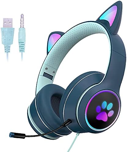 Casque d'écoute de chat filaire à LED avec casque de jeu pour adultes et adolescents, bandeau rembourré réglable, microphone détachable, suppression du bruit et lumière RVB (Bleu, USB + jack 3,5 mm) Fiche Technique et Prix au Maroc