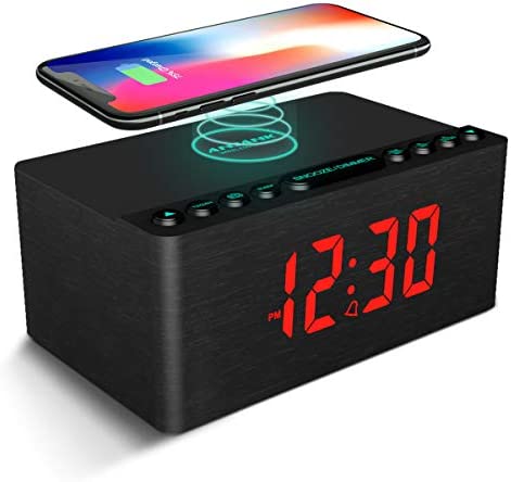 Radio Réveil Numérique en Bois avec Radio FM,Station de Charge sans fil Rapide Pour iPhone/Samsung Galaxy,écran LED à Intensité Variable,Port de Charge USB,Alarm Clock avec Snooze,Alimentation Secteur Fiche Technique et Prix au Maroc