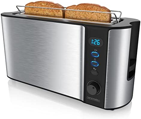 Arendo, Grille-Pain Long Fente 2 tranches, Fonction décongélation,1000W, Boîtier Double paroi, Grille viennoiseries, Niveau de brunissage 1 à 6, Écran Affichage Temps restant, Acier Inoxydable brossé Fiche Technique et Prix au Maroc
