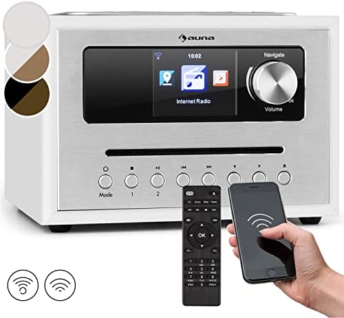 AUNA Silver Star Cube Radio - Radio WiFi, Radio Internet, Tuner Internet Radio, Lecteur CD, Micro-chaîne, Tuner FM, Bluetooth, 10W RMS, Écran HCC 2,8", AUX, Appli de contrôle - Blanc Fiche Technique et Prix au Maroc