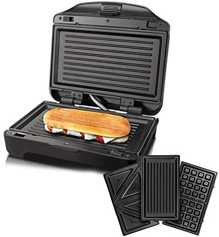 Taurus Miami Premium - Grill électrique 3 en 1 900W, Sandwich, gaufre ou grill, Plaques anti-adhésives interchangeables, Voyant d'alimentation et de pré-chauffage, Inox et noir Fiche Technique et Prix au Maroc