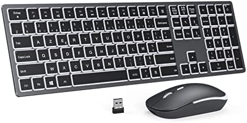 Ensemble Clavier Souris sans Fil Retro-eclairé, Rechargeable, USB Clavier AZERTY Français, Ultra-Mince, Full Size, Souris Lumineux pour PC, Ordinateur Portable,Windows 7/8/10/XP/Vista, Gris Fiche Technique et Prix au Maroc