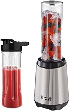 Russell Hobbs Blender [Nomade et Pratique] Mix & Go (Mixeur 300W, 2 gourdes compatibles de 600ml lave vaisselle, Sans BPA, Design Acier Chromé) Blender Smoothie 23470-56 Fiche Technique et Prix au Maroc
