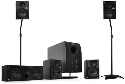 AUNA Areal 525 BK Set d'enceintes Surround Actives 5.1 + Supports (Pack de Haut parleurs amplifiés pour Home Cinema, TV ou PC, subwoofer 13,5cm, télécommande, entrée AUX, 95 W RMS) - Noir Fiche Technique et Prix au Maroc