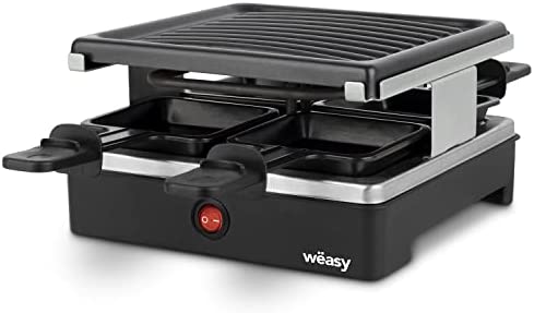 Appareil à Raclette & Grill 4 Personnes LUGA40 Wëasy, Plaque Grill amovible Facile à Nettoyer, 4 Poëlons avec Revêtement Antiadhésif Compatibles au Lave-vaisselle, Noir, 600W Fiche Technique et Prix au Maroc