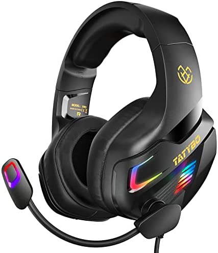 Tatybo Casque Gaming PS4, Casque Gamer Xbox One avec Microphone Réglable Anti Bruit, Casque Gaming avec RGB LED Lampe Stéréo Basse pour PC PS5 PS4 Xbox One Switch Fiche Technique et Prix au Maroc