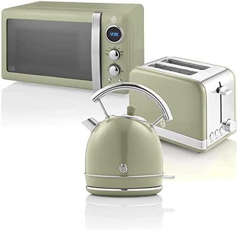 Swan Retro Ensemble Petit-Déjeuner, Bouilloire 1,8 L, Grille-Pain 2 Tranches à Fente Large, Micro-Ondes Numérique 20L, 6 Niveaux de Puissance, Minuteur, Porte Miroir, Design Vintage, Vert Fiche Technique et Prix au Maroc