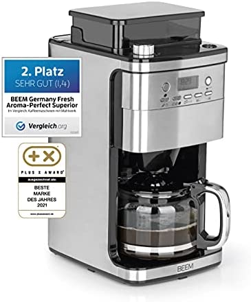BEEM Fresh-Aroma-Perfect Superior | Machine à café filtre avec moulin et apport d’eau intelligent | Cafetière en verre de 1,5 l, minuterie 24 h, plaque de maintien au chaud [acier inoxydable, 1050 W] Fiche Technique et Prix au Maroc