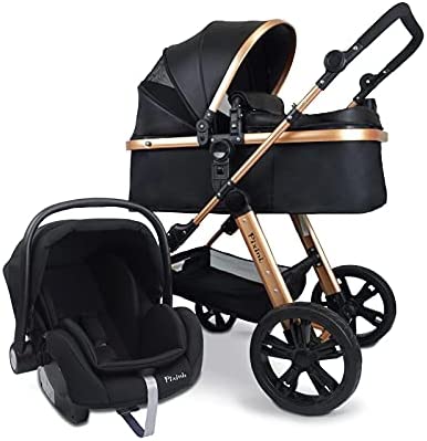 Pixini Arizona Poussette, 3 en 1, avec nacelle pour bébé & poussette & siège auto – Cadre en aluminium – Avec pack d'accessoires - Doré/noir Fiche Technique et Prix au Maroc