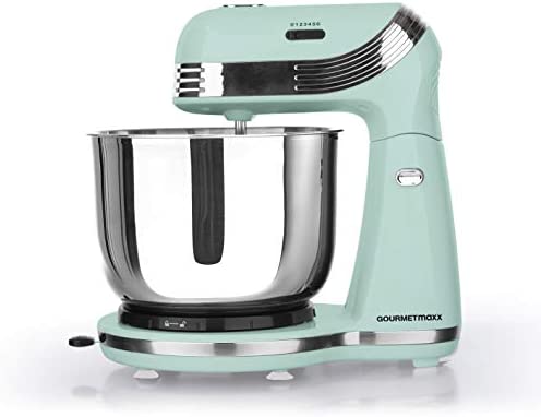 GOURMETmaxx Robot de cuisine en acier inoxydable Retro 'Menthe' | Mixeur multifonctionnel pour remuer, mélanger et pétrir dans le style rétro | 6 vitesses, avec fouet et crochet à pâte, 250 Watt Fiche Technique et Prix au Maroc