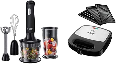 Russell Hobbs Appareil à Sandwich 3en1 750W, Gaufrier, Grill, Plaques Amovibles Anti Adhésives - Fiesta & Mixeur Plongeant Multifonction 3en1 500ml, Mélange, Hache, Fouette, Mixe - Noir Fiche Technique et Prix au Maroc