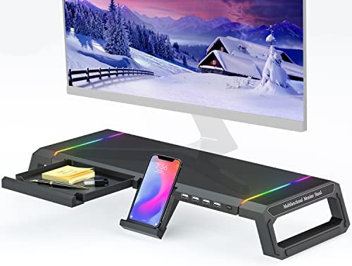 MOOJAY Support de Moniteur pour Bureau RGB Gaming avec 4 Hub USB 2.0, Riser de Moniteur Pliable avec Tiroir de Rangement et Support Téléphone, Support d'écran pour PC/Ordinateur Portable/iMac-Noir Fiche Technique et Prix au Maroc