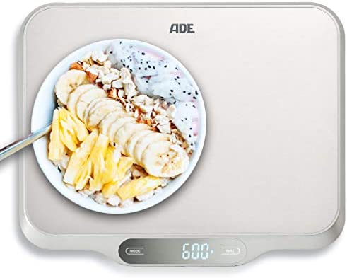ADE Grande balance de cuisine électronique à grande surface en acier inoxydable pour une pesée précise jusqu'à 15 kg. Fonction tare (tare), maintien automatique. Incl. batterie. Argent | KE1601 Ladina Fiche Technique et Prix au Maroc