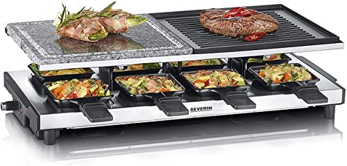 SEVERIN Raclette Gril 1 500 W, Avec Pierre de Cuisson et Plaque Anti-adhésive Réversible, Inclus : 8 poêlons, Inox/Noir, RG 2373 Fiche Technique et Prix au Maroc