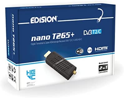 EDISION Nano T265+ Récepteur HDMI dongle Terrestre TNT DVB-T2 et Câble DVB-C, H265 HEVC, FTA, Haute définition, PVR, USB, HDMI, Capteur IR, Prend en Charge USB WiFi, IR Télécommande Universelle 2en1 Fiche Technique et Prix au Maroc