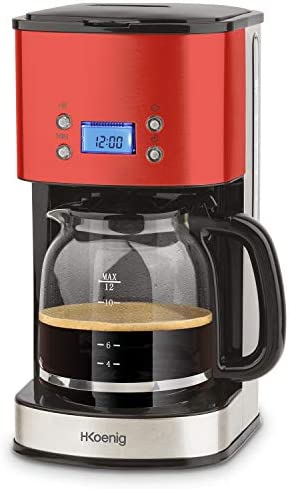 H.Koenig Cafetière Programmable à filtre Rouge Inox 1,5L (12 tasses) MG30, 1000W Carafe en Verre Gradué, Système Anti-Gouttes, Maintien au chaud, Ecran LDC, Arrêt auto, Porte-filtre amovible lavable Fiche Technique et Prix au Maroc