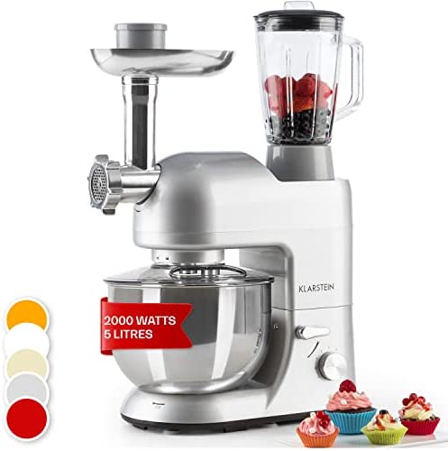 Klarstein Robot Patissier Multifonctions, Batteur sur Socle, Bol 5L, Robot Cuisine 2000W, Blender 1.5L, Robot Multifonction Petrin Boulangerie, Hachoir à Viande, Batteur Electrique Cuisine, 6 Vitesses Fiche Technique et Prix au Maroc