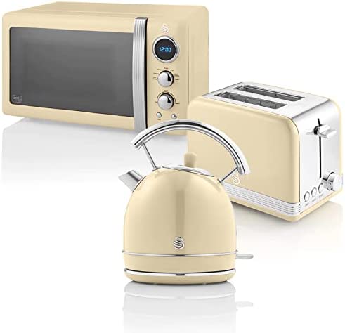 Swan Retro Ensemble Petit-Déjeuner, Bouilloire 1,8 L, Grille-Pain 2 Tranches à Fente Large, Micro-Ondes Numérique 20L, 6 Niveaux de Puissance, Minuteur, Porte Miroir, Design Vintage, Crème Fiche Technique et Prix au Maroc