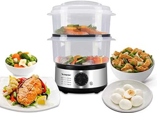 Beper - Cuiseur à Vapeur Multicombustion de 5L, Économiseur d'Espace, Minuterie de 60 minutes, Cuisson à la Vapeur Saine, Puissance 400-500W - Argent / Noir Fiche Technique et Prix au Maroc