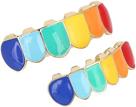 Grill Coloré, Hip Hop Dents Grillz Casquettes arc-en-ciel Vampire Fangs Haut et Bas Décoration de Fête Dents Hip Hop pour Halloween Costume Party, Cosplay Performance (Coloré) Fiche Technique et Prix au Maroc