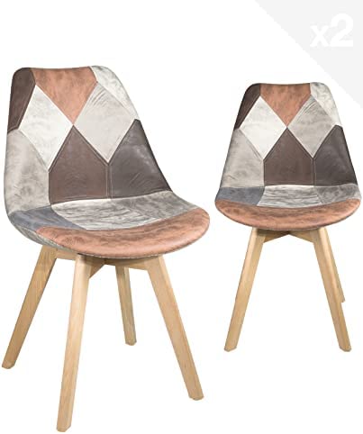 KAYELLES Lot de 2 chaises rembourrées Patchwork Similicuir Style scandinave Pieds Bois Lao (Marron) Fiche Technique et Prix au Maroc