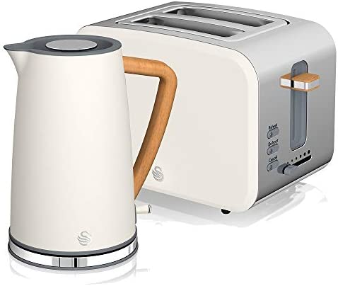 Swan Nordic Set Desayuno Bouilloire sans fil 1,7 L 2200 W Grille-pain à fente large 2 tranches 3 fonctions Design moderne Effet bois Blanc Fiche Technique et Prix au Maroc