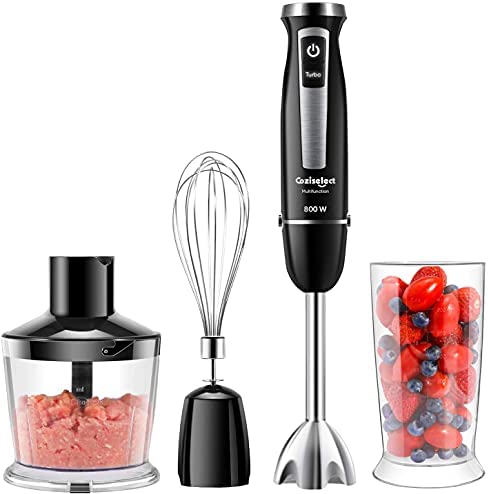 Coziselect Mélangeur à Main 4 en 1,Mixeurs plongeants 800W,Mixeur multifonction avec hachoir 500 ml,tasse à mesurer 600 ml et fouet Convient à la Préparation d'aliments pour Bébés, Noir Fiche Technique et Prix au Maroc
