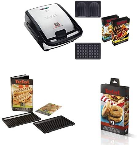 Tefal SW853D12 Snack Collection Machine à Gaufres et Croques Noir/Inox + Coffret de Plaque pour Grill Panini avec Livre de Recettes 4,4 x 15,5 x 24,2 cm + Pl Bagels Eu Accessoire pour Donuts Fiche Technique et Prix au Maroc