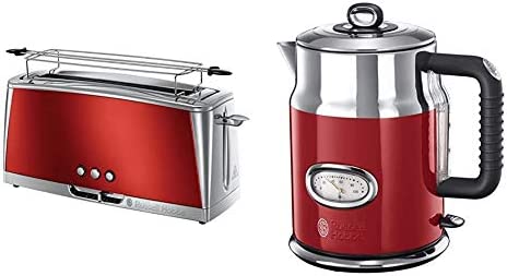 Russell Hobbs Toaster Grille-Pain, Spécial Baguette, Cuisson Rapide, Chauffe Viennoiserie - Rouge & Russell Hobbs Bouilloire 1,7L, Ebullition Rapide, Couvercle Amovible, Design Vintage - Rouge Fiche Technique et Prix au Maroc