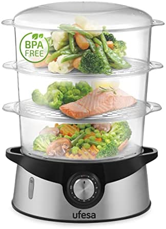 Ufesa CV4000 Cuiseur Vapeur 800W, 3 Plateaux Empilables, Capacité 9L, Minuterie de 60min, Inclus Bol de Riz de 1L, Sans BPA, Inox Fiche Technique et Prix au Maroc