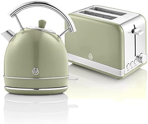 Swan Retro Ensemble Petit-Déjeuner, Bouilloire 1,8L avec Élément Chauffant en Acier INOX, Grille-Pain à Fente Large 2 Tranches, Régulateur de Grillage 6 Niveaux, Design Vintage, Vert Fiche Technique et Prix au Maroc