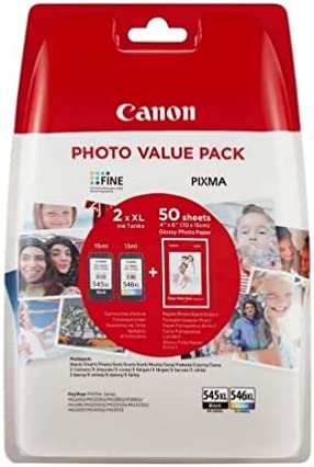 Canon PG-545 XL CL-546 XL Pack de 2 cartouches Noir Capacité XL + Couleur Capacité XL + 50 feuilles papier photo PP-201 10x15cm (Emballage plastique) Fiche Technique et Prix au Maroc